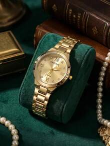 DISU CARYINO 1 pièce Montre Quartz Diamant Classique Business Polyvalente en Acier Inoxydable Doré pour Femmes, Convient pour un Port Quotidien - Doré - Voir 2
