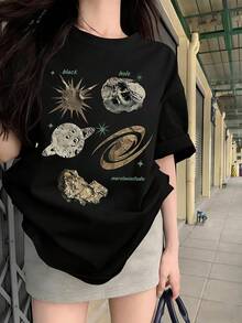 女款時尚春夏寬鬆圓領休閒百搭卡通字母星空印花短袖T恤夏季上衣黑色 - 黑色 - 查看 2