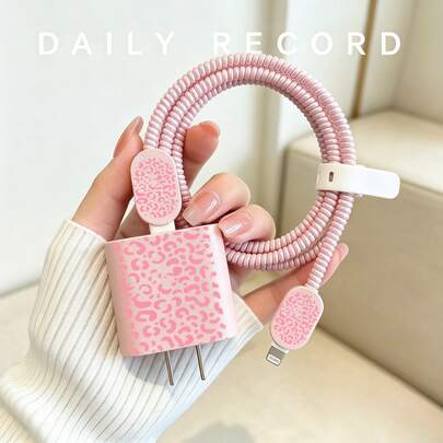 Pink/Black/Purple Leopard Print Color Charger Protective Case Compatible With Apple Fast Charger 18-20W, Leather Minimalist Ins Style, UV Painted Process, Anti-Breakage, Essential Gift, Premium Feel, Extends Charger Lifespan, Anti-Pet Bite, Gift For Boyfriend/Girlfriend/Bestie