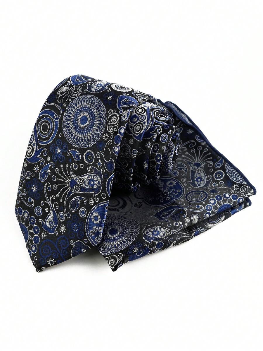 ZLQ&GOU 2 PCS Fashion Blue Cashew Flower Men's Tie, Polyester Jacquard Tie & Pocket Square Set, Suitable For Wedding, Business, Party Neck Accessory - Navy Blue - View 1