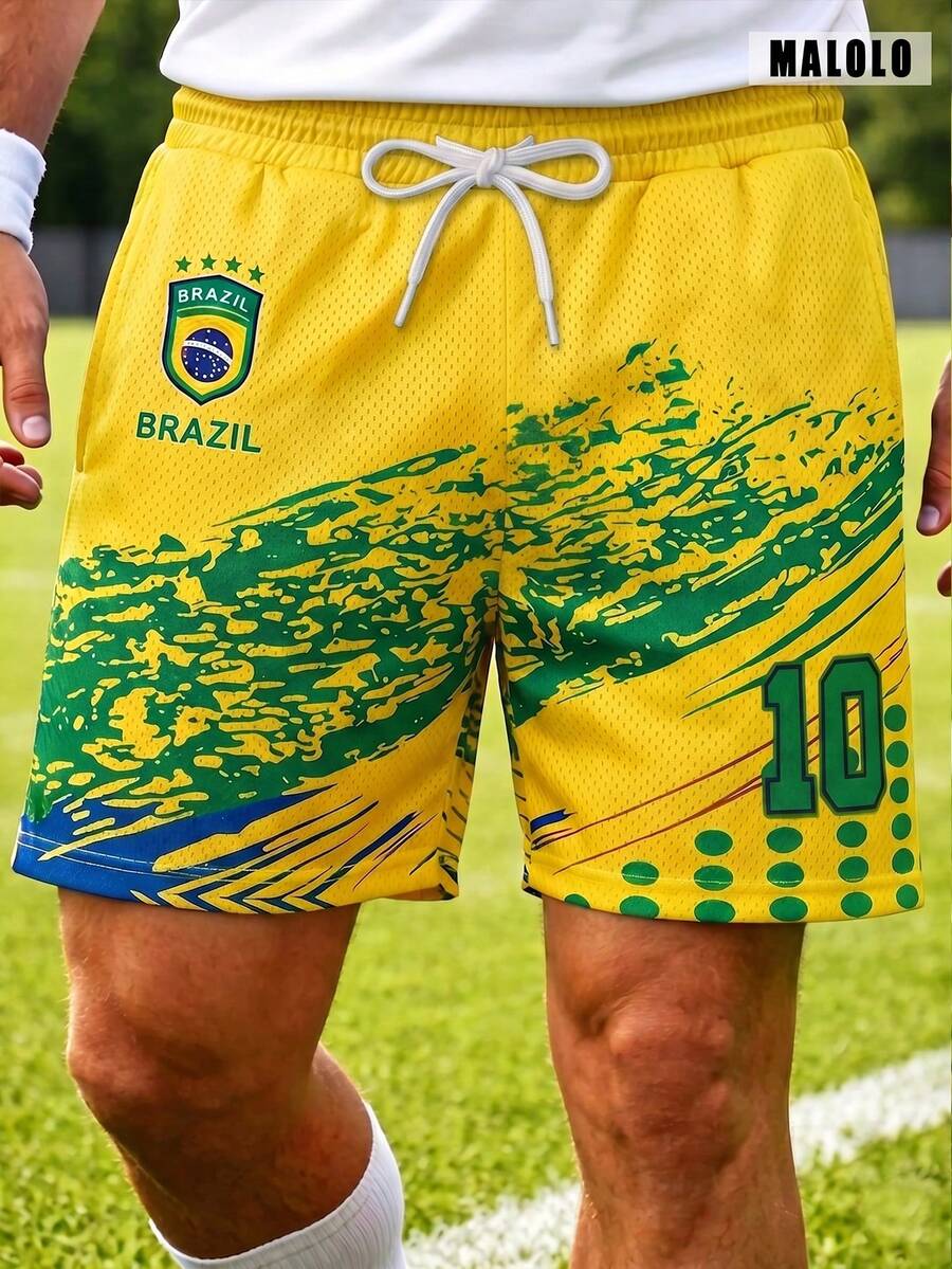 Men's Brazil #10 Soccer Shorts - Yellow Base With Green Graphic Print, High Elastic Waist Drawstring Design, Vintage Bermuda Athletic Shorts Sports - Yellow - View 1