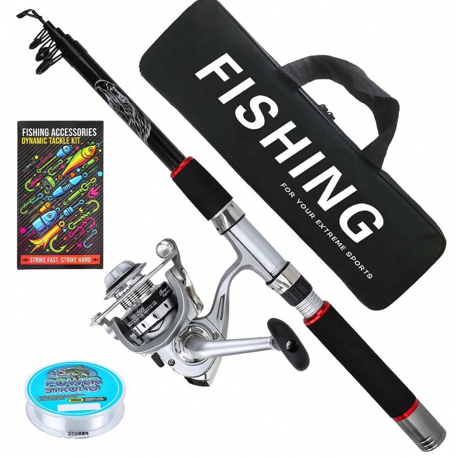New Telescopic Fishing Rod & Spinning Reel Combo With Tackle Box & Storage Bag Ready To Use Freshwater Fishing Kit For Bass Carp