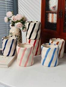 Taza de cerámica hecha a mano con estilo Ins Cream, 3 colores, textura diagonal, asimétrica y ondulada, soporte para brochas de maquillaje, apta para tocador, baño, escritorio, lindo regalo diario - Organizador de maquillaje con rayas onduladas - Ver 10
