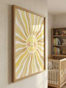 1pc Framed Canvas Baby Room Wall Art Decor, "Smiling Sun" Children's Hanging Painting, Bohemian Style Neutral Tone Sunbeam Art, Neutral Style Nursery Decor, Ready To Hang Framed Artwork, Suitable For Toddler Bedroom, Playroom, Classroom, Baby Shower Gift, Little Sun Theme Gift, Warm And Playful Themed Art, Modern Minimalist Kids Room Accent Decor - Multicolor - View 3