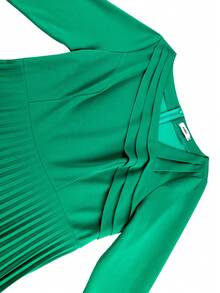 Elegant Plus Size Women Green Pleated A Line Dress Asymmetrical Neck Long Sleeves Modest Church Office Work Party Fall Outfits - Green - View 6