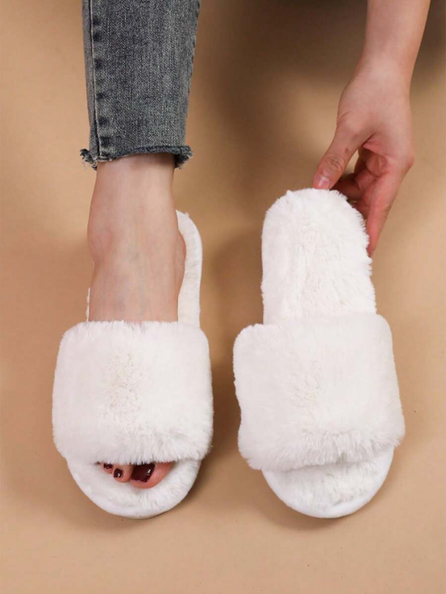 Fall/Winter Women's Fashionable Solid White Bedroom Slippers With Minimalist & Blurry Design,Fluffy Slippers - White - View 1