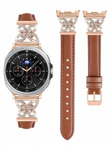 Galaxy Watch 8 錶帶，1件鑲鑽立方氧化鋯金屬優雅錶帶 + 1件亮面風格（不含螢幕保護貼），相容 Galaxy Watch 8 40mm 與 44mm 錶殼，可調節替換錶帶配件，適合男女運動手錶 - 棕色玫瑰金雙 - 查看 3