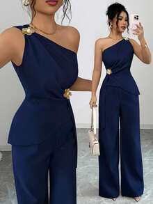 Set de 2 piezas con parte superior sin mangas de hombro asimétrico y falda para mujeres - Azul - Ver 1