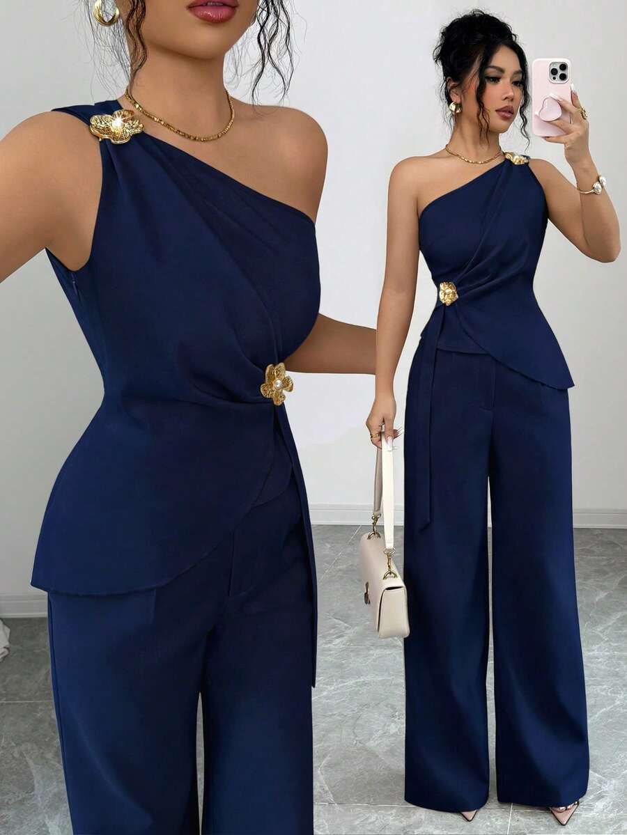 Set de 2 piezas con parte superior sin mangas de hombro asimétrico y falda para mujeres - Azul - Ver 1