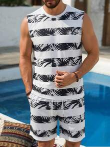Men's Coconut Tree Print Sleeveless Tank Top And Shorts Set - Multicolor - View 1