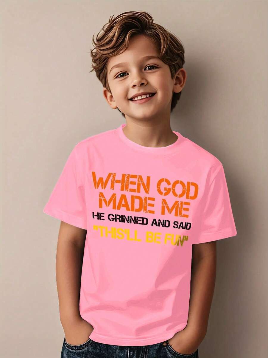 Camiseta de manga corta con cuello redondo y estampado gráfico casual para niños y adolescentes, top de verano - Rosa - Ver 1