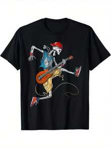 2026 playeras de hombreRetro Skeleton Guitarist T-Shirt| Suave y cómodo, perfecto para parejas, regalo ideal para amantes de la música, cuello redondo, apto para todas las estaciones. - Negro - Ver 1