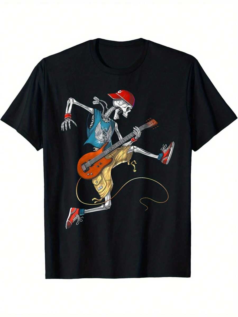 2026 playeras de hombreRetro Skeleton Guitarist T-Shirt| Suave y cómodo, perfecto para parejas, regalo ideal para amantes de la música, cuello redondo, apto para todas las estaciones. - Negro - Ver 1