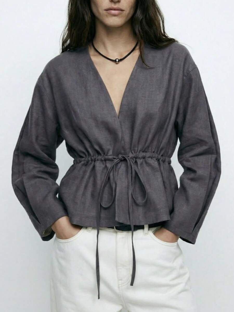Blus Wanita, Kardigan Kasual dengan Tali Serut, Cocok untuk Rapat, Jalan-jalan, dan Liburan, Dapat Dipakai Sepanjang Tahun. - Dark Grey - View 1