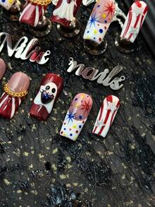 10pcs Handmade Fully Covered Long Square Nails Press On Nails, Red Nails, White French Y2K Style, Handpaint Cute Ghost,Reusable False Nails With Jelly Glue & Nail File,Suitable For Independence Day Party, Halloween, Cosplay, Daily, Holiday Gathering - Red - View 5
