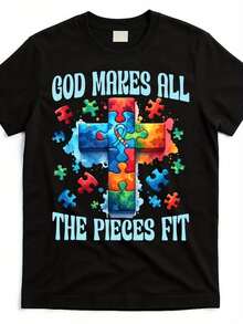 Camiseta Cristiana para Mujer con Diseño de Autismo Dios hizo que todas las piezas encajaran, Camiseta Casual con Cruz de Rompecabezas,% Algodón, Colores Cómodos, Diseño de Cuello Redo - Blanco - Ver 1