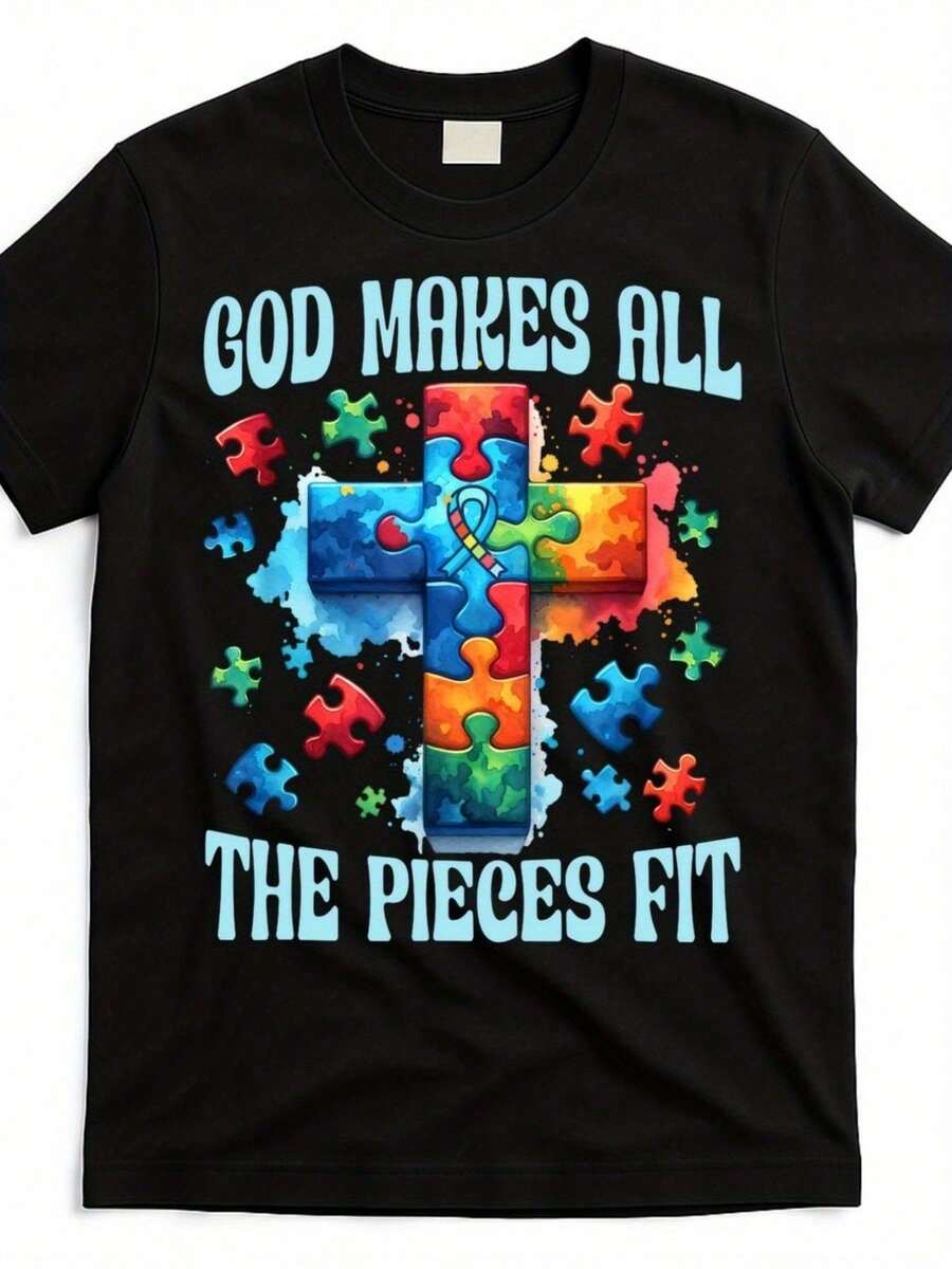 Camiseta Cristiana para Mujer con Diseño de Autismo Dios hizo que todas las piezas encajaran, Camiseta Casual con Cruz de Rompecabezas,% Algodón, Colores Cómodos, Diseño de Cuello Redo - Blanco - Ver 1