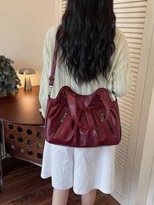 This Stylish Red Women's Handbag Features A Detachable Shoulder Strap, Pleated Design, Multiple Pockets And Large Capacity. Suitable For Office Workers, Teachers, Students And Young Women For Commuting, Shopping, Weekend Outings And Short Trips. - Red - View 3