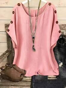 Ropa de mujer de talla grande para primavera/verano,  casual de moda de manga corta con cuello redondo, botones y color liso - Rosa - Ver 2