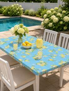 1pc-Sky Blue Lemon Branch Fitted Elastic Tablecloth, Stretch Waterproof Fabric Cover For Backyard Barbecues, Garden Parties & Daily Home Dining, Stain-Resistant, Easy To Wipe And Reusable For All Seasonal Outdoor Gatherings. - Multicolor - View 9