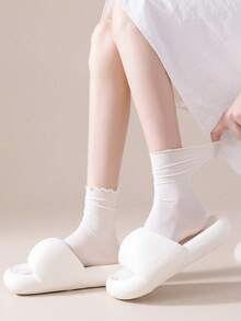 2/4 Pairs Women's Pure White Ruffle Lace High Elastic Breathable Mid-Calf Socks, Minimalist Romantic French Style, Suitable For Vacation, Dating, Daily Wear, Gift-Giving And Outfit Styling - White - View 3