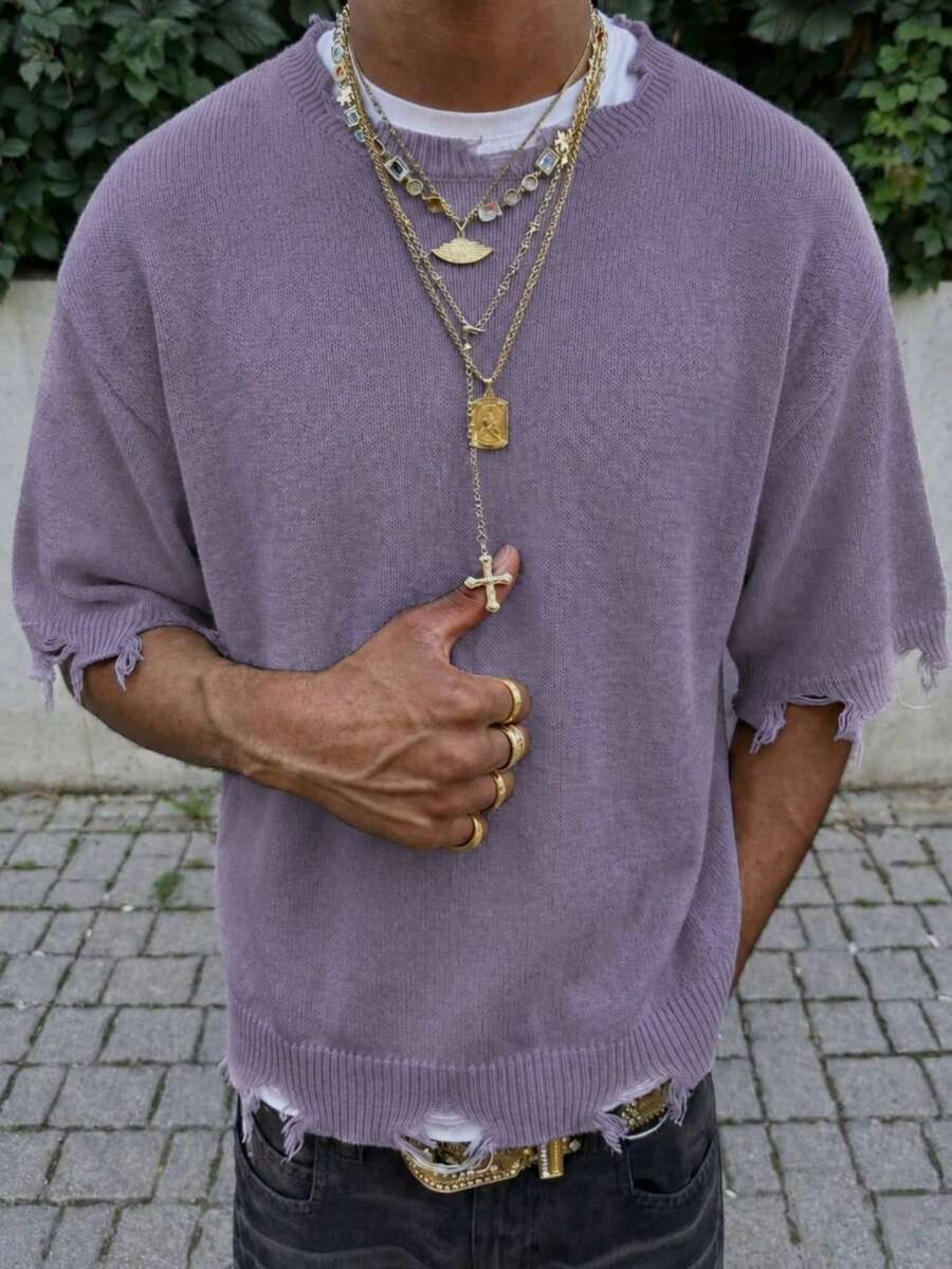 ANDREILEE Men's Spring/Summer Fashion New Neutral Korean Style Minimalist Solid Color Distressed Fringe Lightweight Semi-Sheer Loose Fit Pullover Short Sleeve Knit Apricot Sweater T-Shirt - Purple - View 1