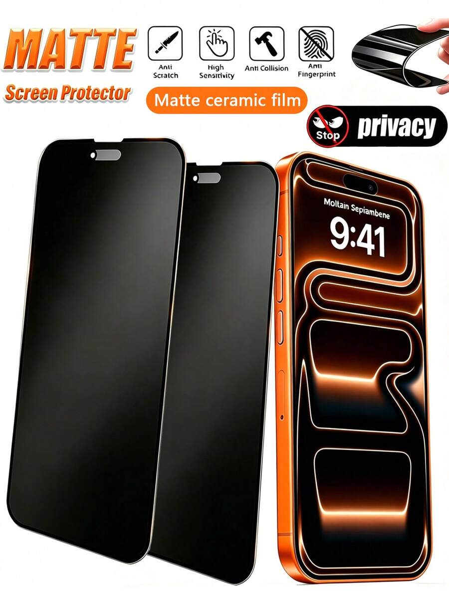 2Pcs Ceramic Matte Privacy Screen Protector For IPhone 17/17 Pro Max/17 Pro/16 Pro Max/16 Pro/15 Pro/15/14/13/12/11/X. Features Privacy Protection, Matte Finish, Fingerprint Resistance, Anti-Glare, Full Coverage, Scratch And Drop Resistant.