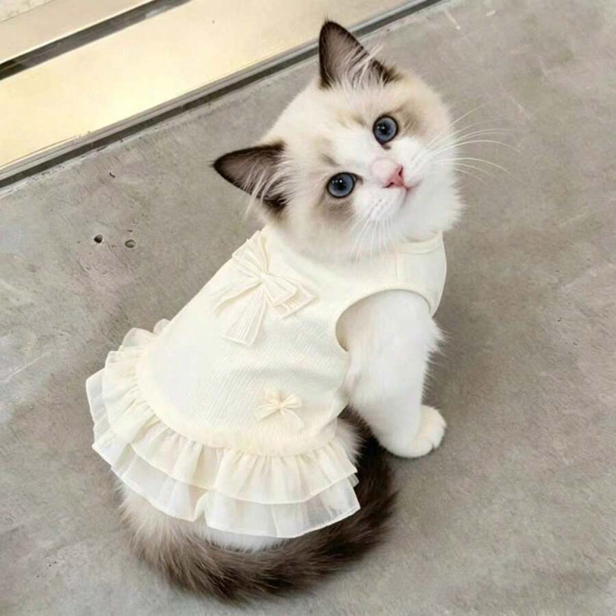 Vestido sin mangas con volantes de encaje para mascotas con decoración de lazo lindo, vestido de tirantes tejido para perro & gato, atuendo transpirable y elástico para cachorro & gatito, ropa casual de verano, adecuado para razas de perros & gatos pequeños & medianos (incluyendo Bichón, Labrador, etc.) - Beis - Ver 1