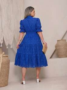 Women's Midi Dress With 3D Embroidery And Plain Design, Functional Button, Elasticated Back And Sleeves, 100% Cotton,  For Women. - 純皇家藍 - 查看 2