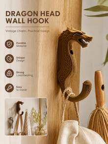 1 pieza Gancho de pared con cabeza de dragón vikingo, Perchero decorado con patrón de dragón vikingo, Perchero de pared montado en plástico, Adecuado para pasillo, dormitorio, almacenamiento de baño, toallero, accesorios de baño, esencial para vacaciones, decoración del hogar, gancho - Multicolor - Ver 2
