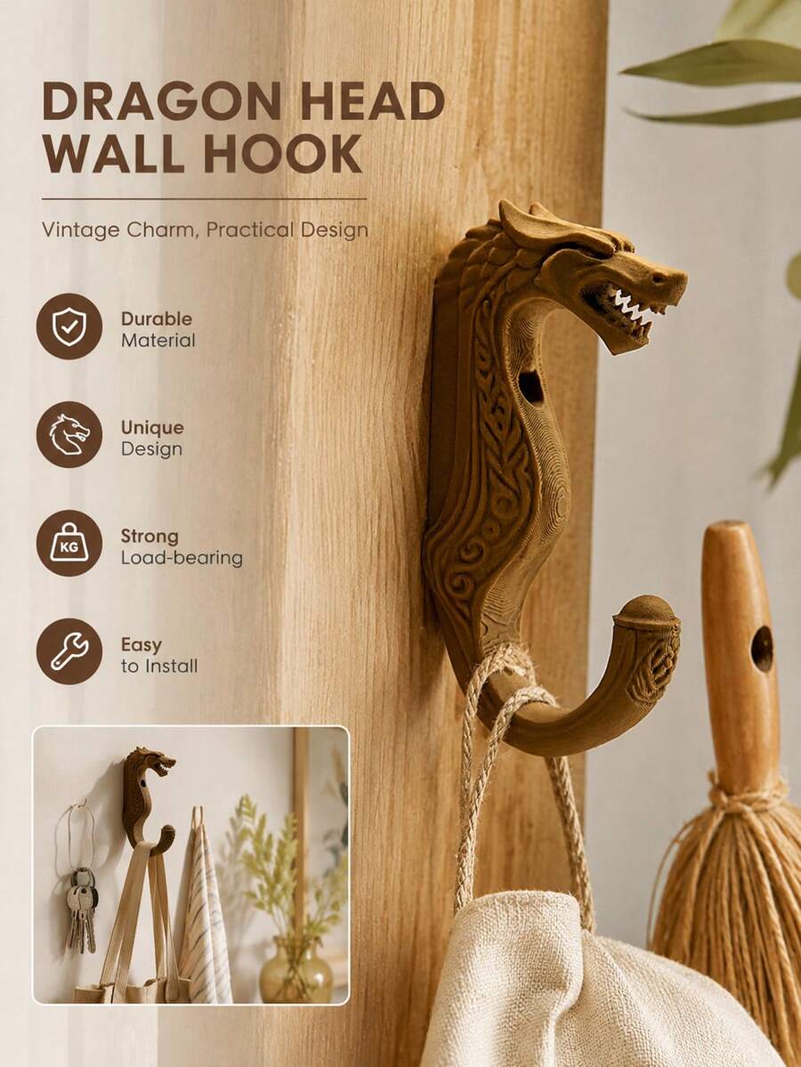 1 pieza Gancho de pared con cabeza de dragón vikingo, Perchero decorado con patrón de dragón vikingo, Perchero de pared montado en plástico, Adecuado para pasillo, dormitorio, almacenamiento de baño, toallero, accesorios de baño, esencial para vacaciones, decoración del hogar, gancho