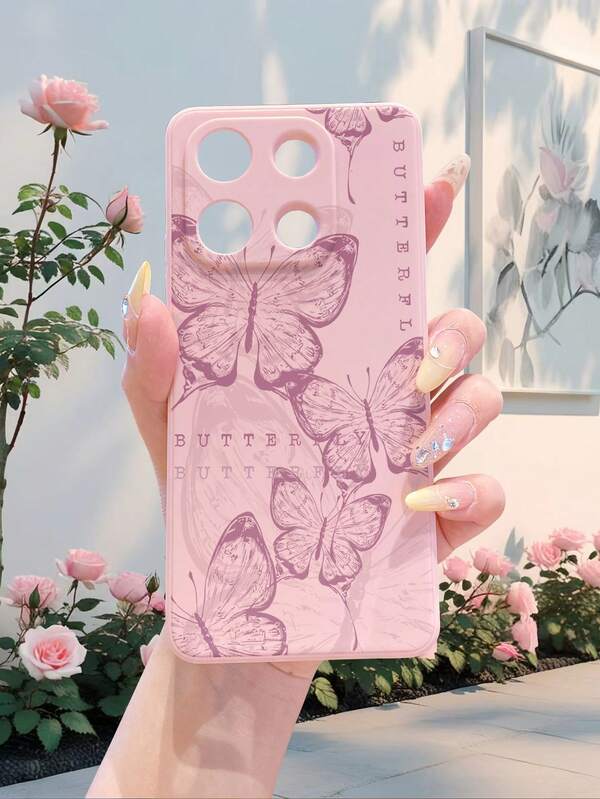 1 Stück modische Handyhülle aus reinem Android TPU-Material in Rosa mit Schmetterlings-Linienmuster, rosa gerade Kante, stoßfest, sturzsicher, starker Linsenschutz, High Fashion, geeignet für Männer und Frauen, ideale Wahl für Modebewusste, minimalistisch und schön, kompatibel mit Samsung, Poco und weiteren Modellen