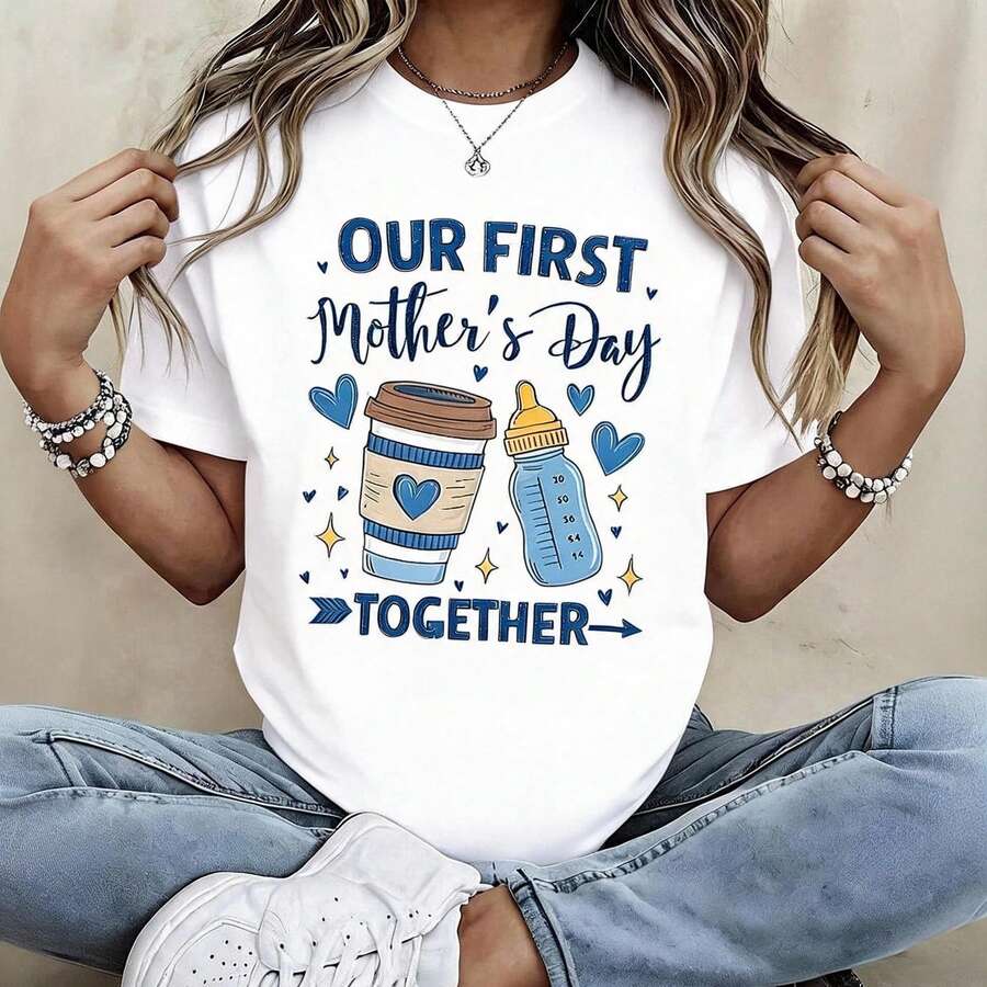 Women's T-Shirt In Breathable Fabric, Featuring A Baby Bottle And Coffee Cup Illustration For A First Mother's Day Celebration. Comfortable For Daily Routines, Coastal Walks, Travel, And Family Gatherings. - 白色 - 查看 1