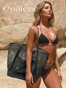Breathable Mesh Beach Tote Bag For Women Large Hollow Open Weave Swim Pool Shoulder Handbag Lightweight Travel Grocery Market Purse Pink/Brown/Black - 彩色 - 查看 13