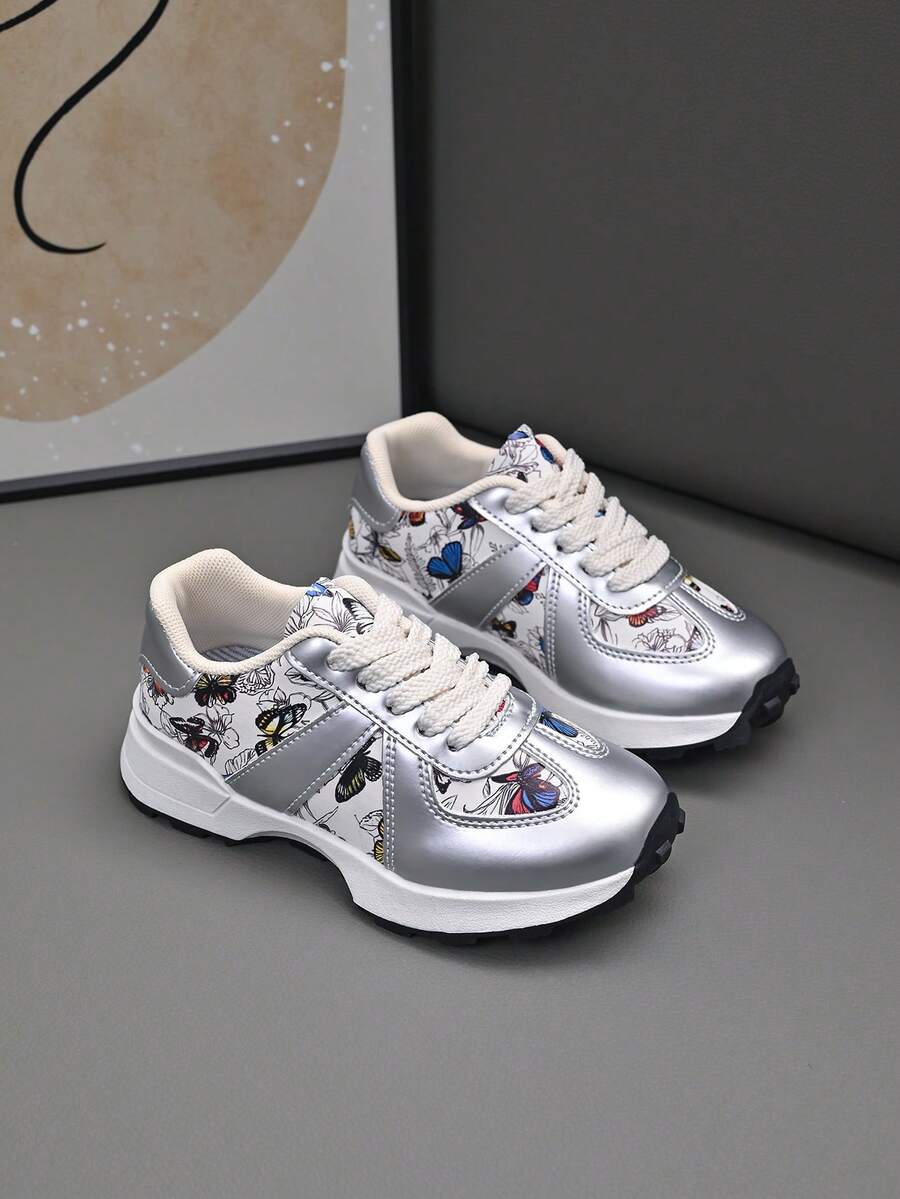 Zapatillas deportivas infantiles con estampado de mariposa, adecuadas para la escuela y escenas de actividad - Plateado - Ver 1