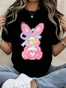 Camiseta con diseño de conejito lindo, estampado de conejo colorido parrimavera y uso en días festivos - Negro - Ver 2
