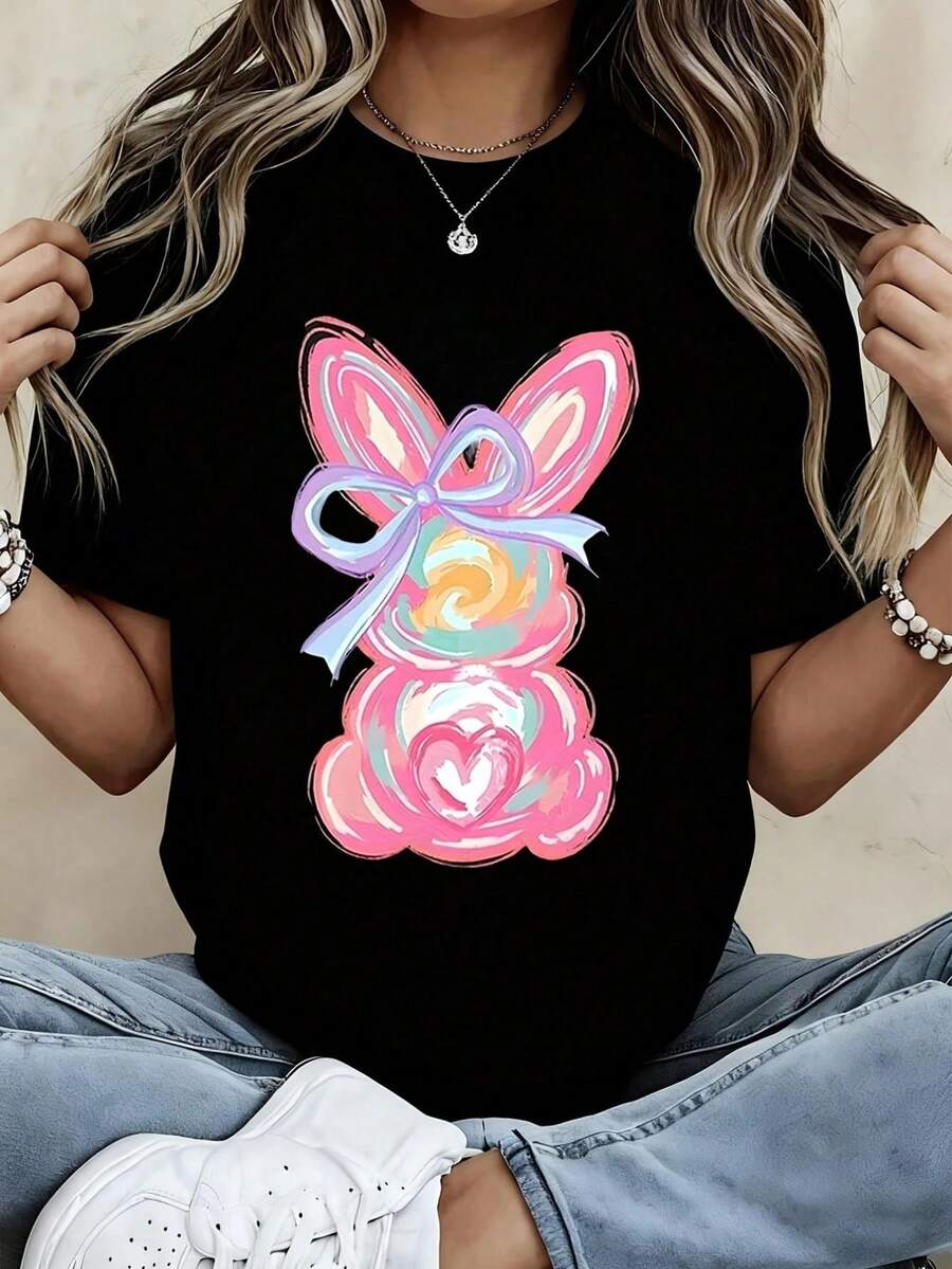 Camiseta con diseño de conejito lindo, estampado de conejo colorido parrimavera y uso en días festivos