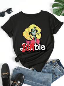 Camiseta de Mujer con Estampado de Anime Zombie, Cuello Redondo Casual, Tejido de Punto de Poliéster, Manga Corta, Ligeramente Elástica, Largo Regular, Top para Primavera/Verano/Otoño - Negro - Ver 3
