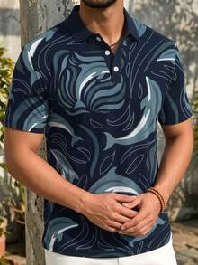 Men's Casual Everyday Dolphin Print Short Sleeve Polo Shirt, Summer - Multicolor - View 4