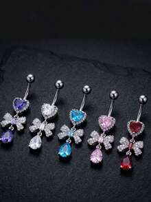1pc Bowknot Zirconia Pendant Belly Button Ring Navel Piercing Jewelry For Women, Light Luxury Body Piercing - Multicolor - View 10