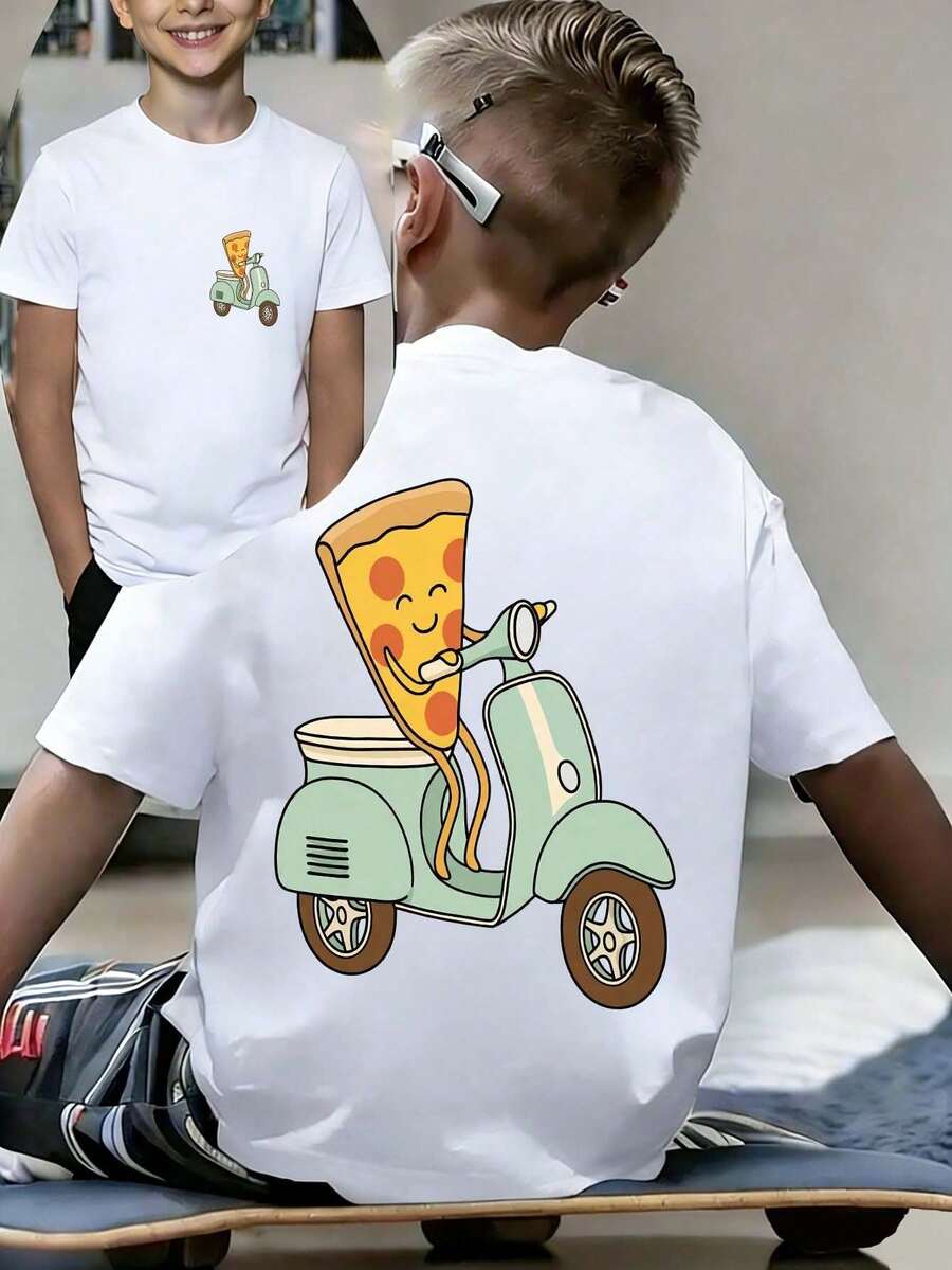 T-Shirt With A Print Of A Pre-Teen Boy Assembling A Pizza, Made Of Soft And Comfortable Fabric, Suitable For Children In Outdoor Sports, Casual Wear, Street Style - 灰色 - 查看 1