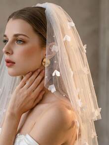 1 buc. voal de mireasă romantic cu flori 3D și mărgele din perle, scurt, din tălăru moale, cu două straturi, accesoriu de păr pentru logodnă, cerere în căsătorie, nuntă și petrecere de single - Multicolor - Vizualizare 5