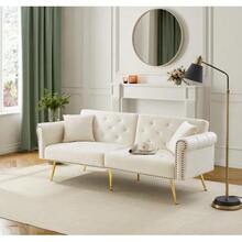 Sofá cama moderno de 2 plazas: tapizado en terciopelo, respaldo reclinable en 3 posiciones y patas de metal dorado. Elegante sofá convertible: ahorra espacio, es duradero e ideal para espacios reducidos. - Beis - Ver 12