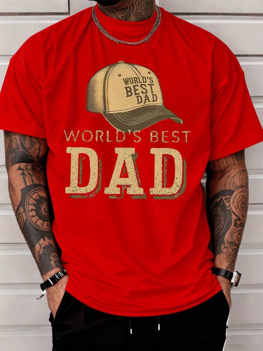 Men's Casual Crew Neck T-Shirt With "World's Best Dad" Print. Ideal For Everyday Wear. Father's Day Gift. Men's Fashion. - 紅色 - 查看 1
