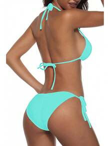 Women Two Piece Swimsuit Sexy Swimwear Halter String Triangle Bikini Sets - Aqua - View 3