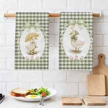 2pcs Green Plaid Cute Duck Bow Pattern Kitchen Towels, 40*60cm Soft Microfiber Material Tea Towels, Suitable For Home Kitchen Restaurant Outdoor Camping Tabletop Cleaning Dish Cloth Hand Towel Accessories, Holiday Gift - Multicolor - View 1