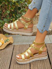 Women's Rivet Decor Ankle Strap Alligator Pattern Platform Wedge Heel Roman Sandals, Fashionable High Heel, Vacation Style, Summer Daily Wear, Gold Color With Random Pattern,Travel Essential - Gold Crocodile Pattern - View 3