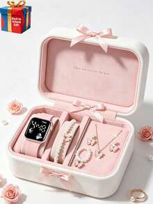 6/1入 女孩粉色太空人錶盤電子錶 + 蝴蝶珍珠飾品，方形LED數位顯示手錶附蝴蝶耳環、珍珠項鍊、仿珍珠手鍊與戒指，甜美學院風日常穿搭配件組，適合開學、生日、節日禮物，女學生禮物首選 - 彩色 - 查看 1