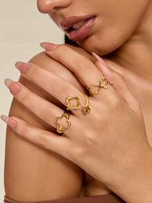 Altistry 3pcs Alloy Floral Hollow Out Ring Set With Metal Plating For Lasting Color Retention - Yellow Gold - View 1