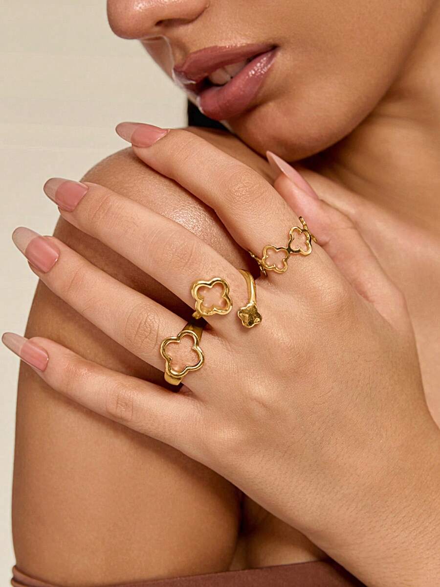 Altistry 3pcs Alloy Floral Hollow Out Ring Set With Metal Plating For Lasting Color Retention - Yellow Gold - View 1